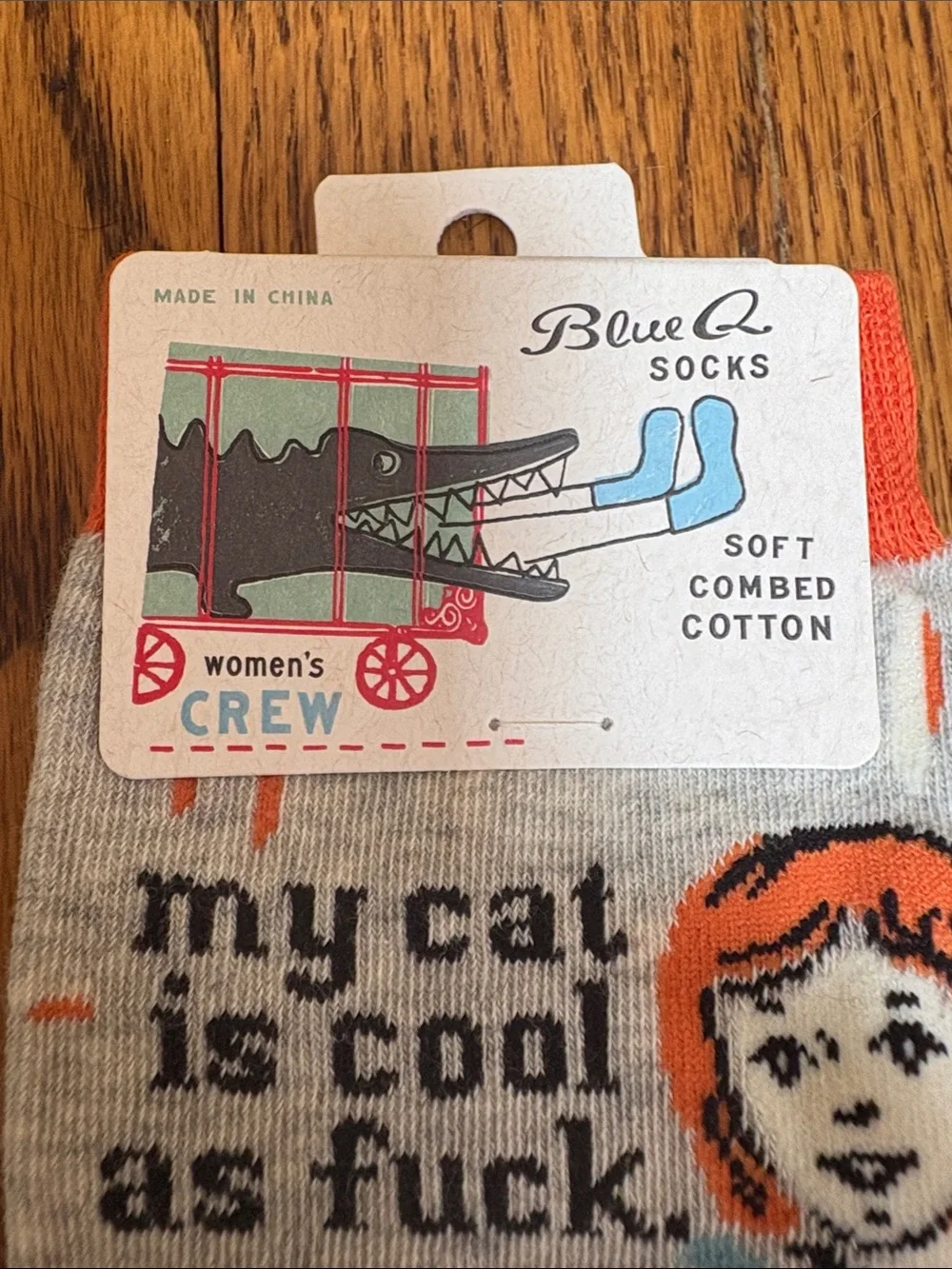 Cat Crew Socks with Graphic Size 5-10 Orange, Gray, Blue